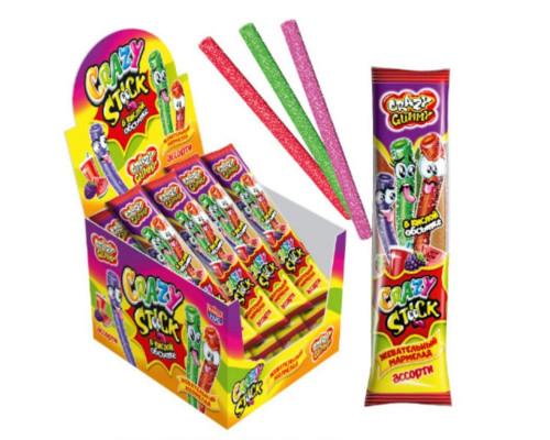 Жевательный мармелад в кислой обсыпке «CRAZY GUMMY. CRAZY STICK " ассорти 20гр 12*24 Жевательный мармелад в кислой обсыпке «CRAZY GUMMY. CRAZY STICK " ассорти 20гр 12*24